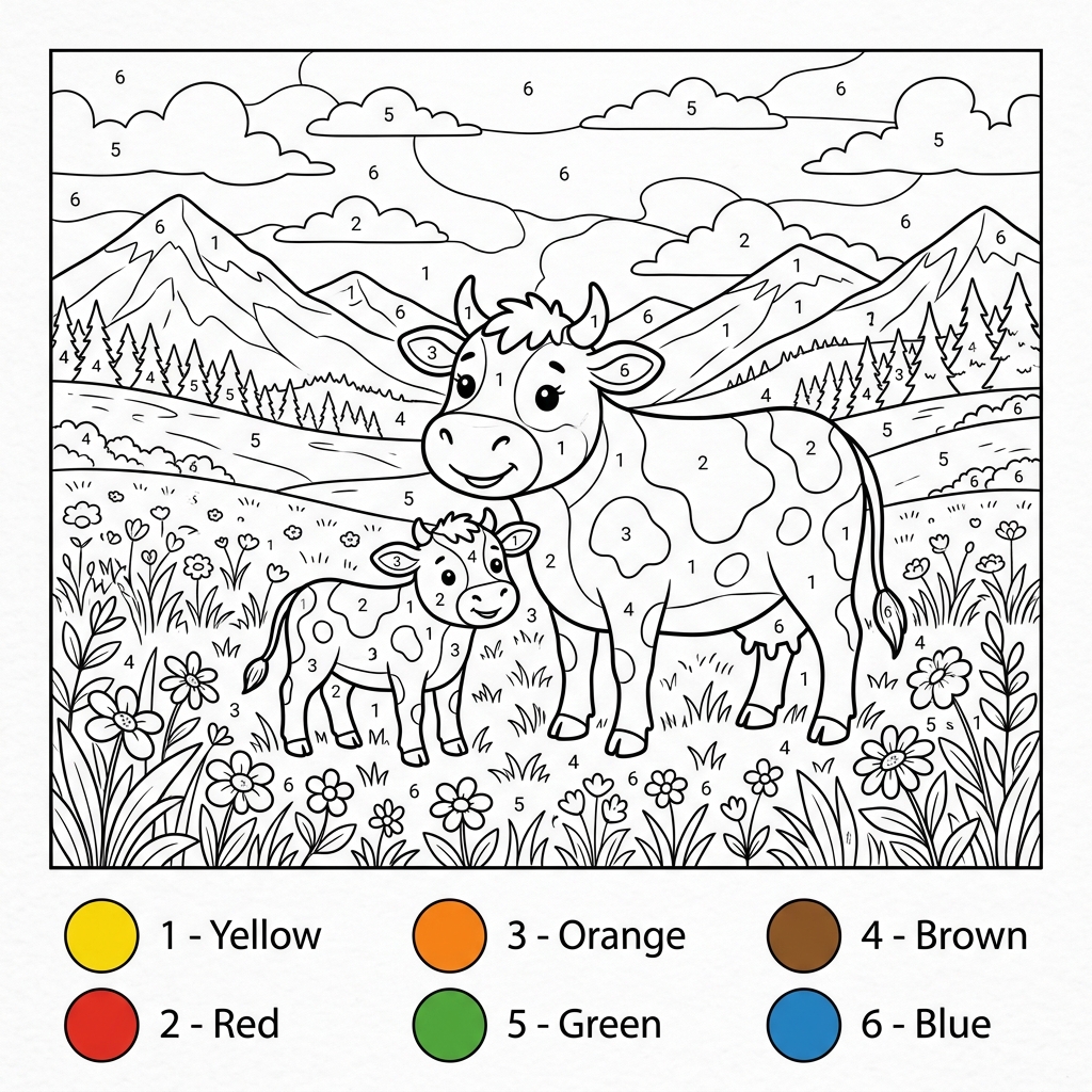 פרה ועגל לצביעה לפי מספרים - Color by Number: Cow & Calf (1-6)