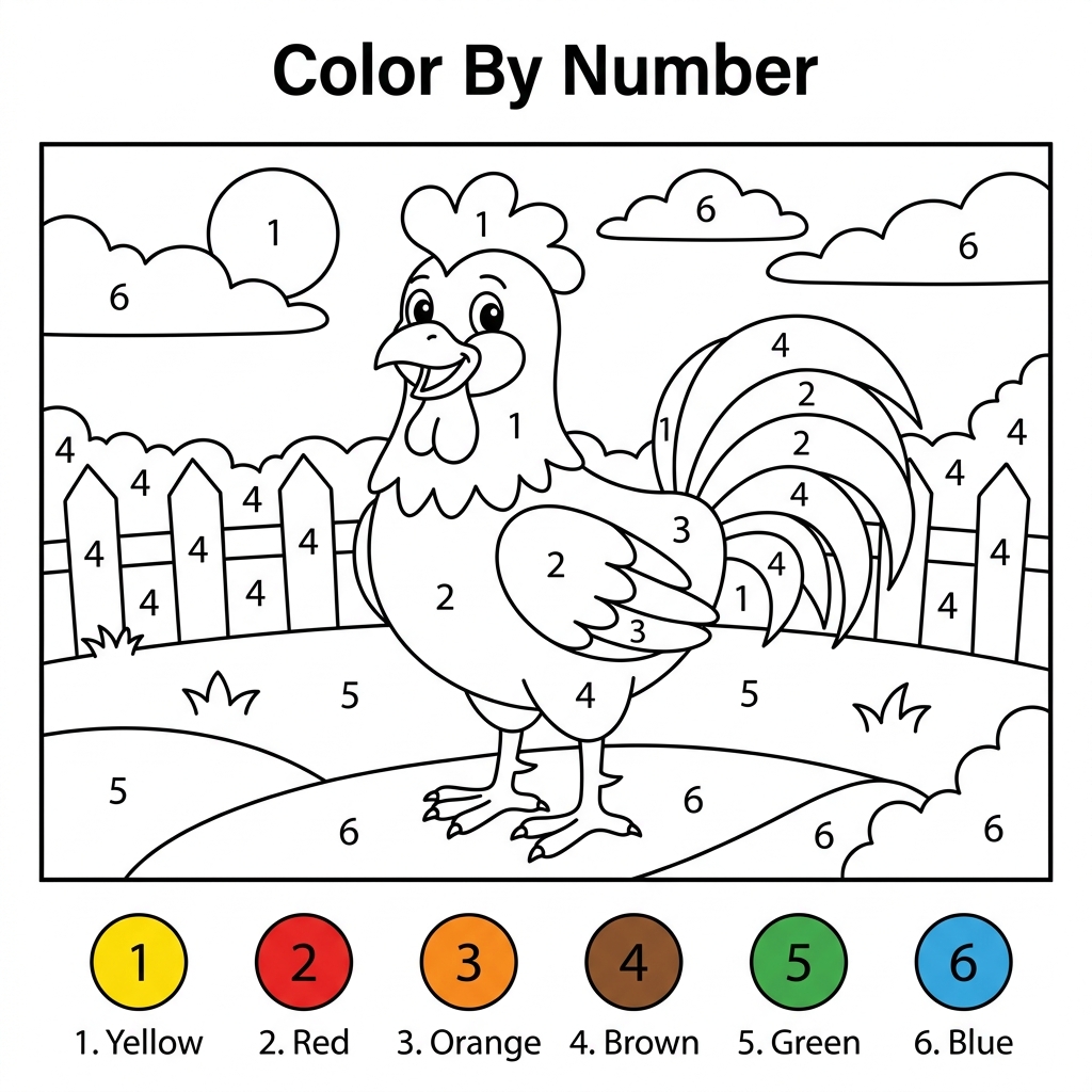 תרנגול לצביעה לפי מספרים - Color by Number: Rooster (1-6)