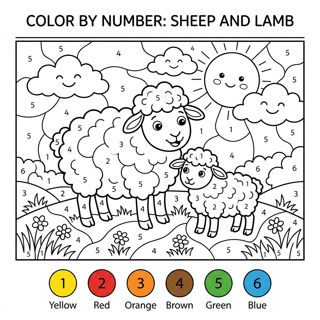 כבשה וטלה לצביעה לפי מספרים - Color by Number: Sheep & Lamb (1-6)